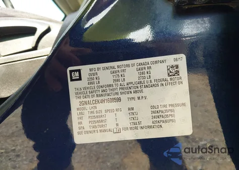 2017 Chevrolet Equinox Lt из США, поврежденный, VIN 2GNALCEK4H1608599